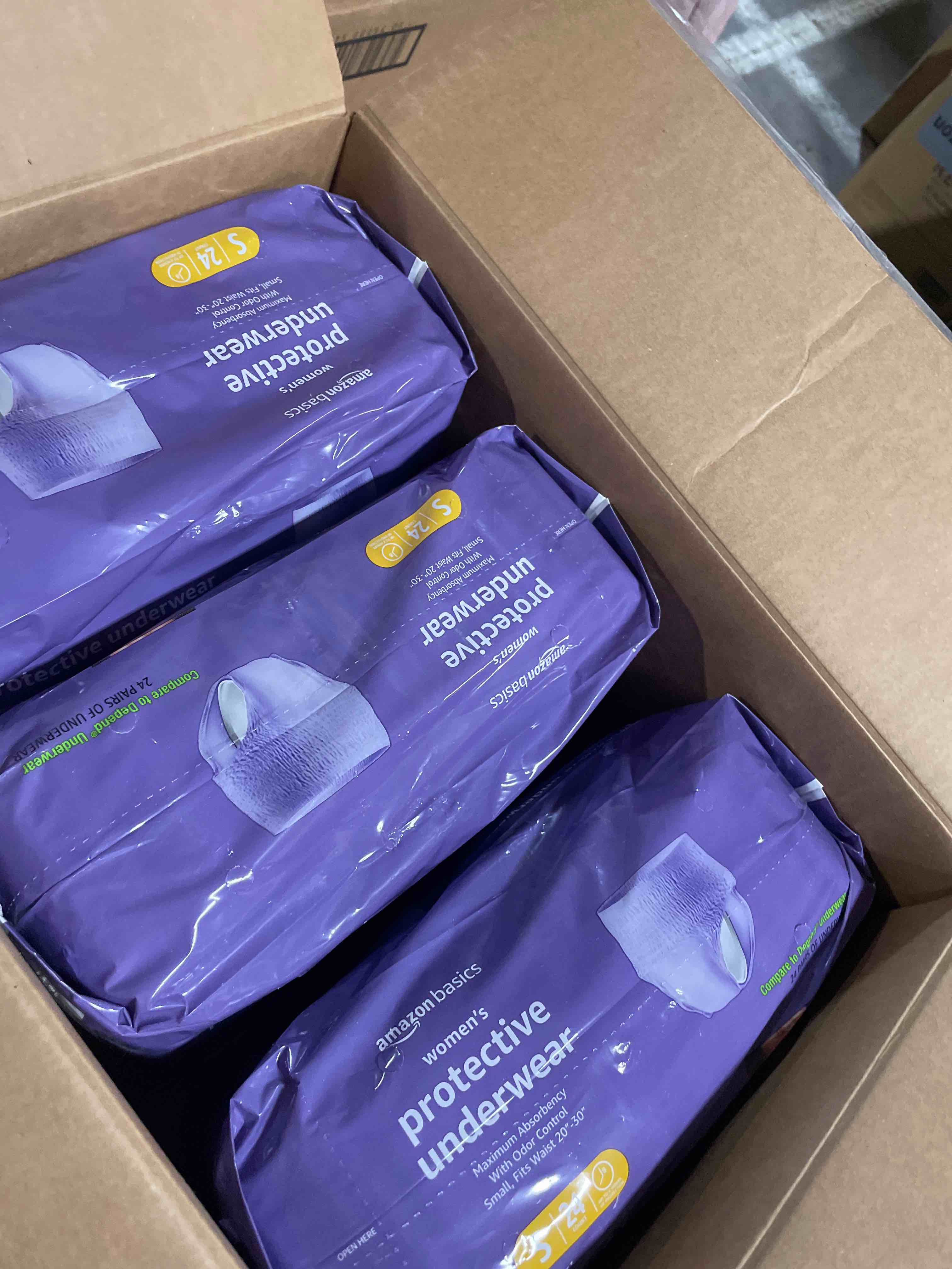 Condition photo showing New/Like New for (3)Amazon Basics Incontinence Underwear for Women, Protective, Disposable, Postpartum, Maximum Absorbency, Small, Lavender, 24 Count
