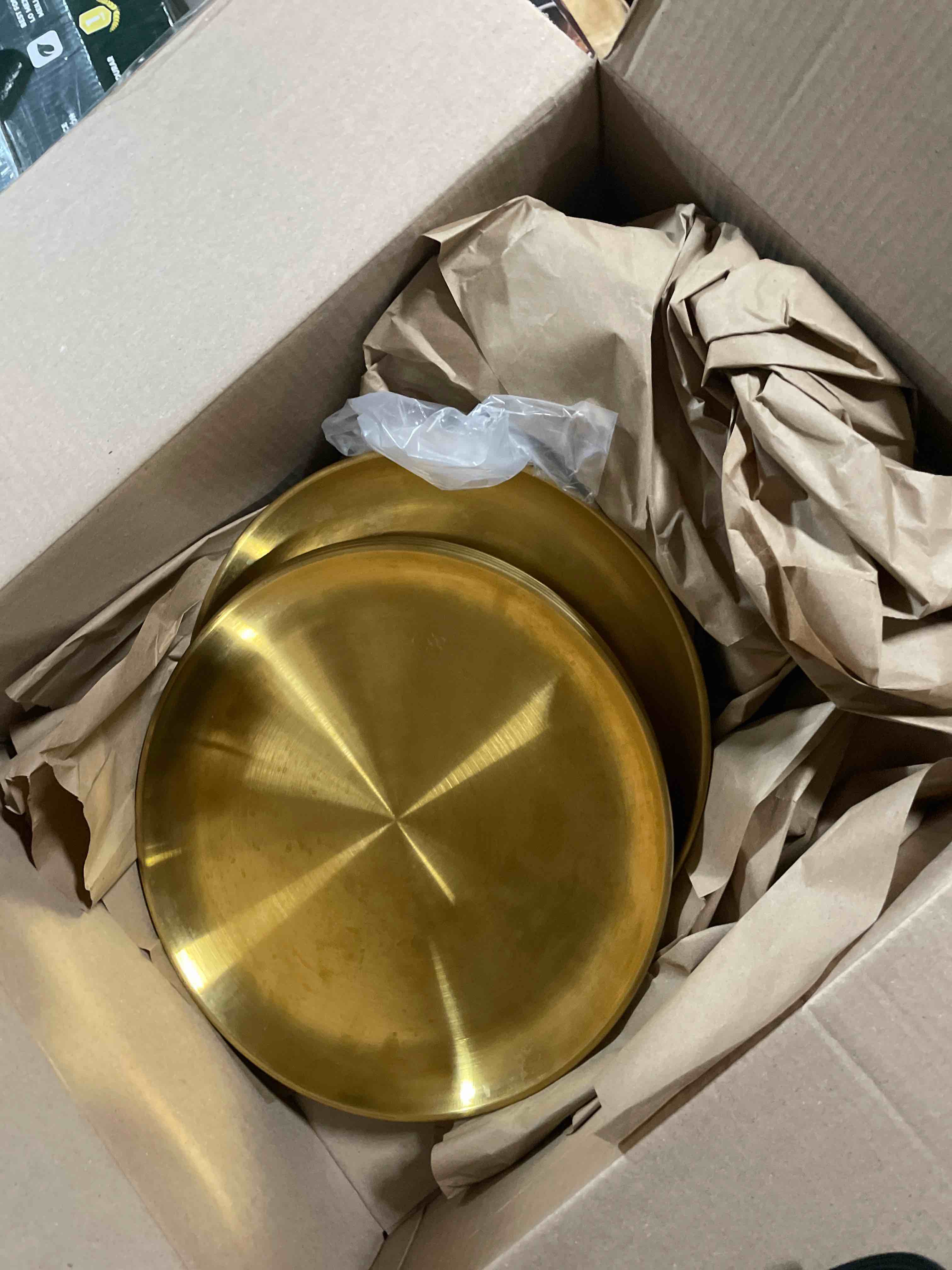 Condition photo showing As Is for 4pcs 304 Stainless Steel Dinner Plates, 9 Inch (23cm) Large Capacity Salad Snack Plate Reusable for Main Dishes, Salad, Dessert & Fruit,Fit for Restaurant, Camping, Picnic(Gold Metal)
