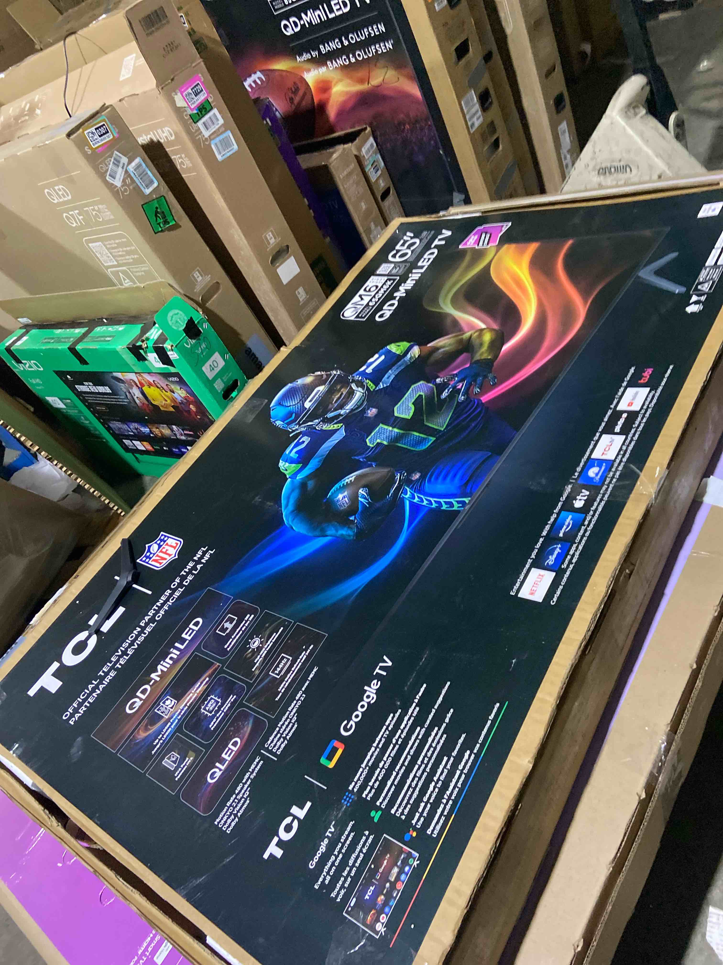 Condition photo showing As Is for TCL 65 Inch Class QM6K Series | Mini LED QLED 4K HDR | 65QM6K, 2025 Model | 120HZ-144HZ High Brightness Smart Google TV Dolby Atmos Onkyo Audio | Voice Remote Alexa Gaming Streaming Television 65 inches