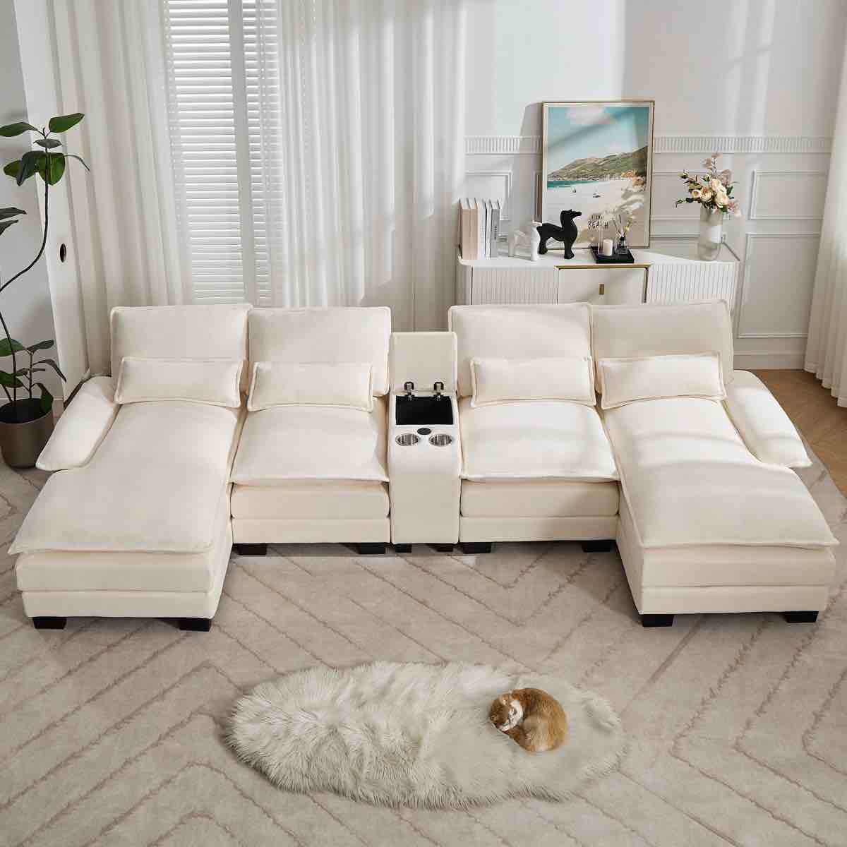 125.6'' U Shaped Sectional Sofa with Chaise Lounges, Storage Console, USB Charging Ports, Cup Holders, Chenille