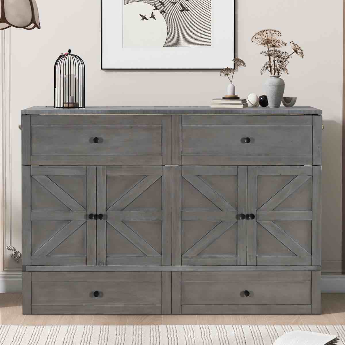 Queen-Size Murphy Wall Bed Cabinet with Large Storage Drawers & Built-In USB Charging Station, Brushed Gray