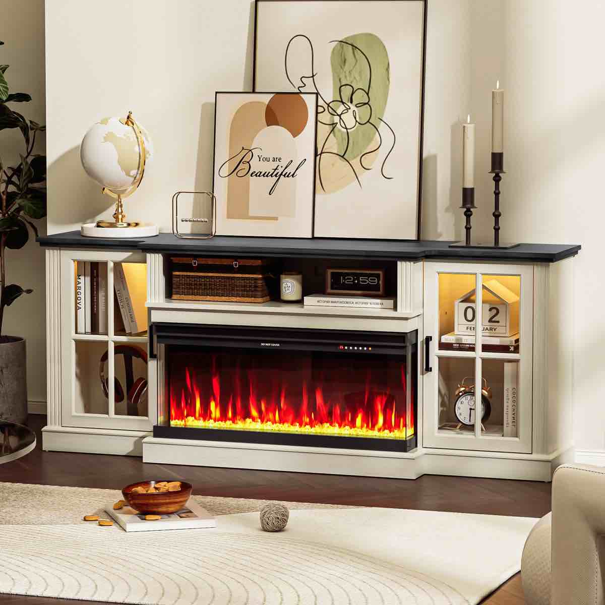 (fireplace only) 70" 3-sided Fireplace Tv Stand For Tvs Up To 80", Entertainment Center With 34" Electric Fireplace,led Light Tv Consoles For Living Room,farmhouse Highboy Media Console W/glass Door Cabinet