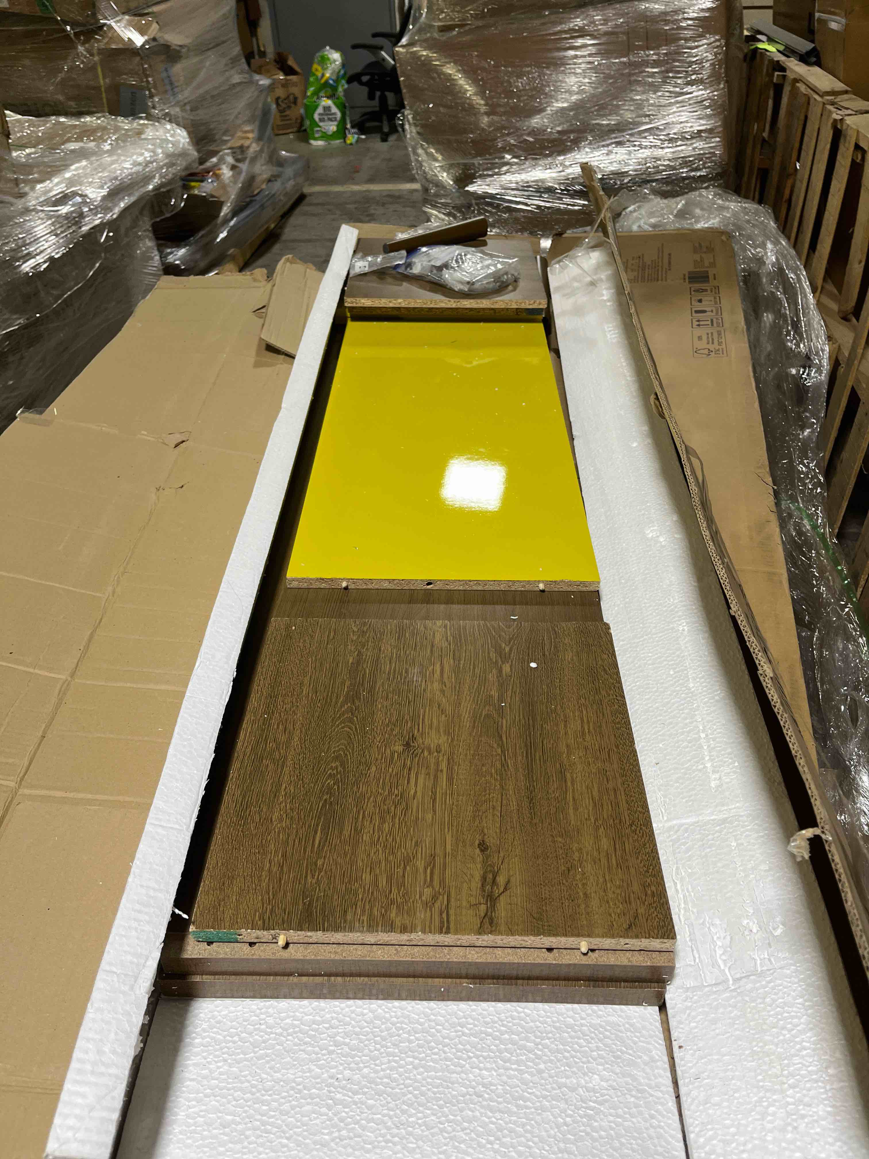 Condition photo showing Good Condition for Manhattan Comfort Liberty Mid Century Modern TV Stand for Televisions up to 50 Inches, Bedroom and Living Room Entertainment Center with Storage, Shelves, and Cabinet, 53" Wide, Rustic Brown/Yellow