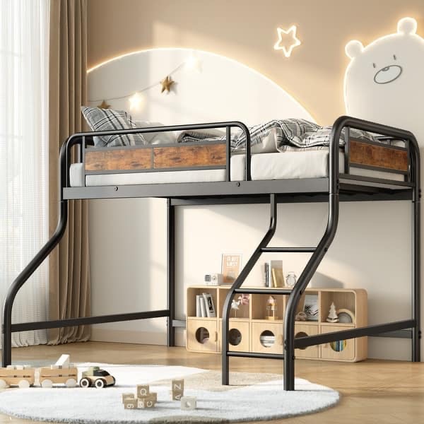 Low Loft Bed Twin, with Stairs & Guardrail, Heavy ,Spaces-Saving,Black
