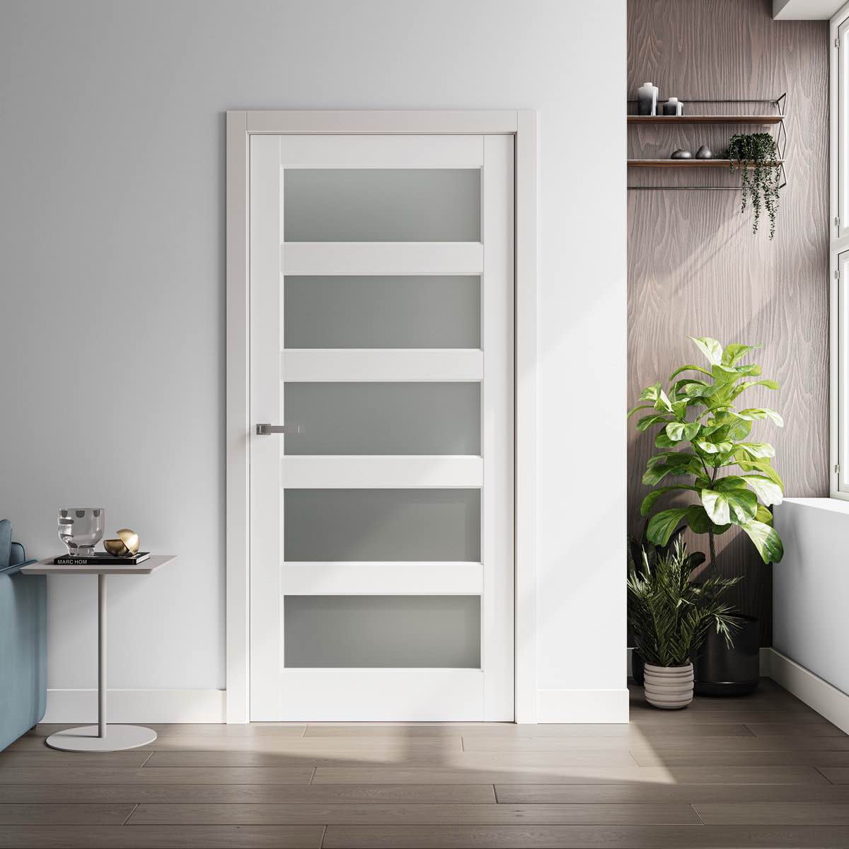 80''H 5-Lite Frosted Glass And Solid Manufactured Wood Primed Slab Door Without Hardware Kit