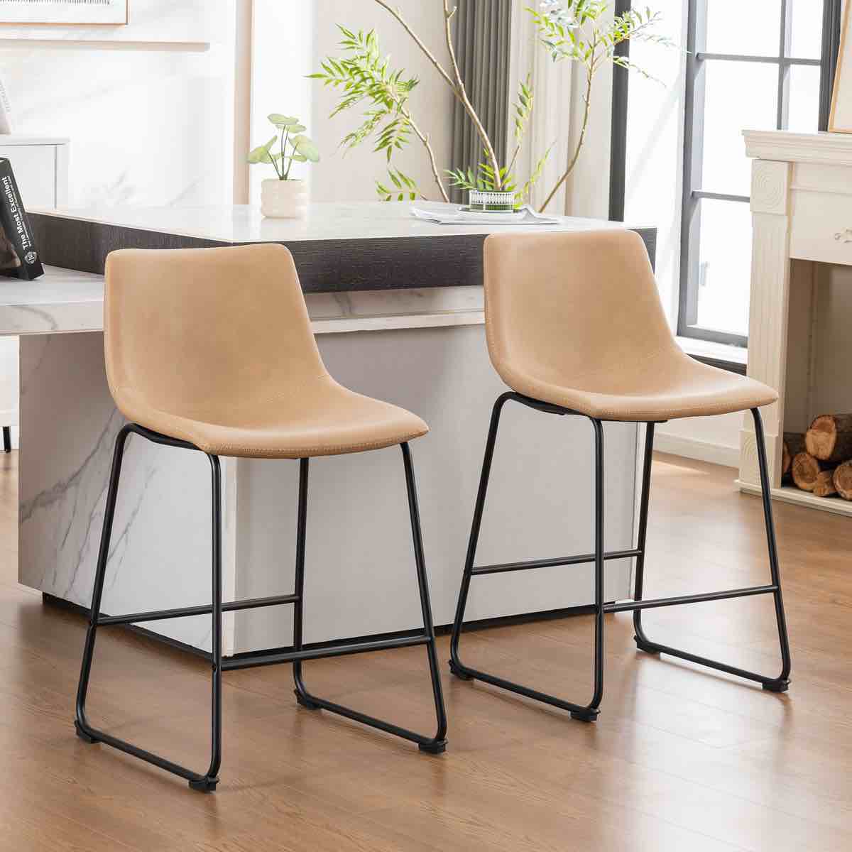 24"H Upholstered Counter Stools, Modern Faux Leather Barstools with Back and Metal Leg, Armless Counter Height Bar Stools for Kitchen lsland, Bar Counter, Pub Stools with Footrest, Patio Stools, Taupe (Set of 2)