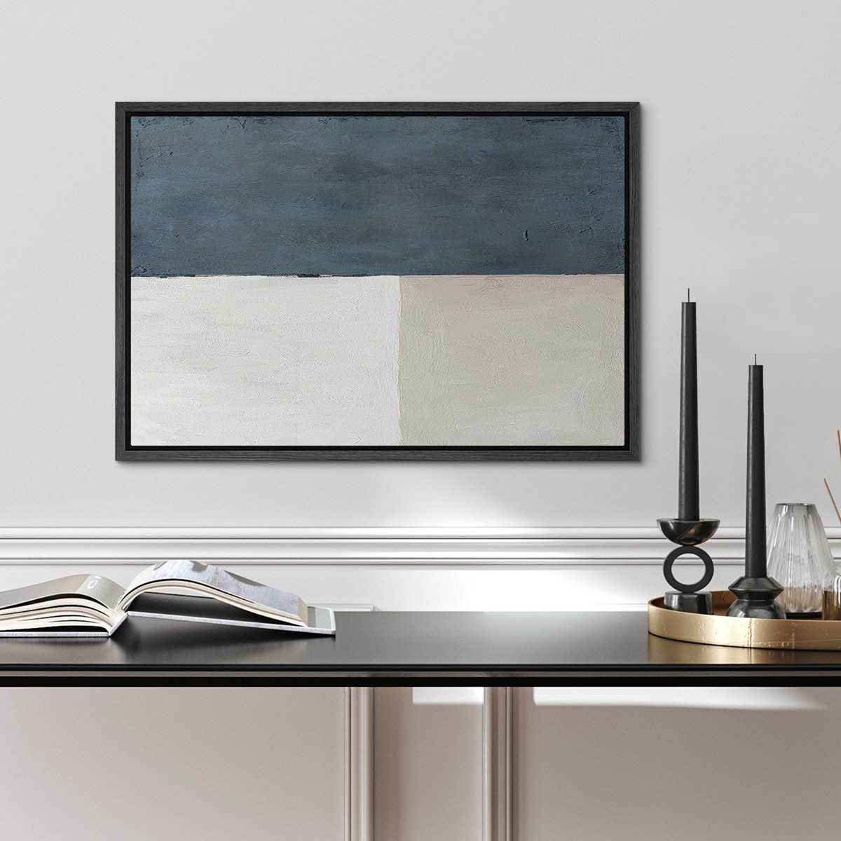 Minimal Landscape " IDEA4WALL Framed Canvas Print Wall Art Blue Gray Pastel Color Field Square Abstract Shapes Illustrations Modern Art Decorative Contemporary Minimal For Living Room, Bedroom, Office "