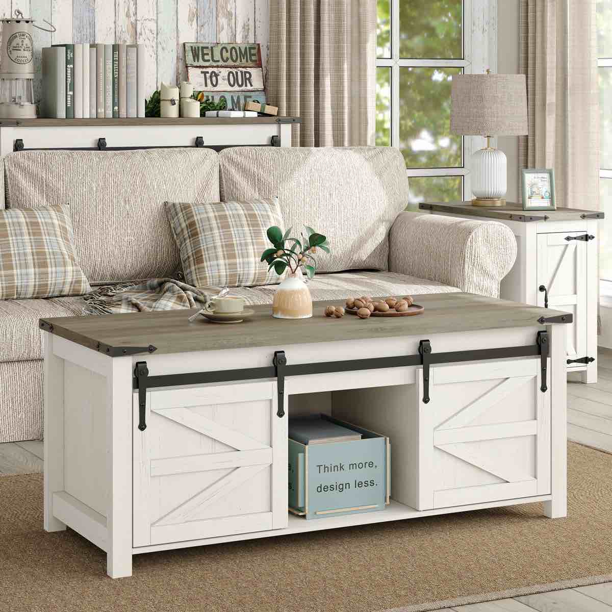 Jaquavion Coffee Table, Farmhouse Lift Top Coffee Table with Hidden Storage and Sliding Barn Door for Living Room