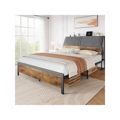 qeetex bed frame with charging station. metal platform bed with ergonomic large storage headboard. metal slats support. noise-free. no box spring needed. rustic brown