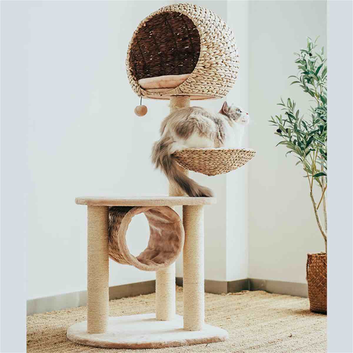 ezlyn handwoven bird nest 51.2'' cat tree with cat hammock, braided cat condo, cat tower for large cats with scratching posts