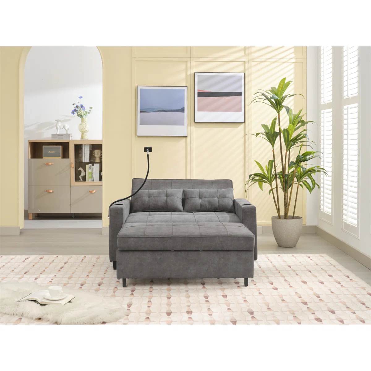 Futon Chair Bed Convertible Chair 3-In-1 Pull Out Sleeper Chair Beds With USB Ports,Wear-Resistant And Anti-Scratch, Armchair Bed Sleeper For Living Room