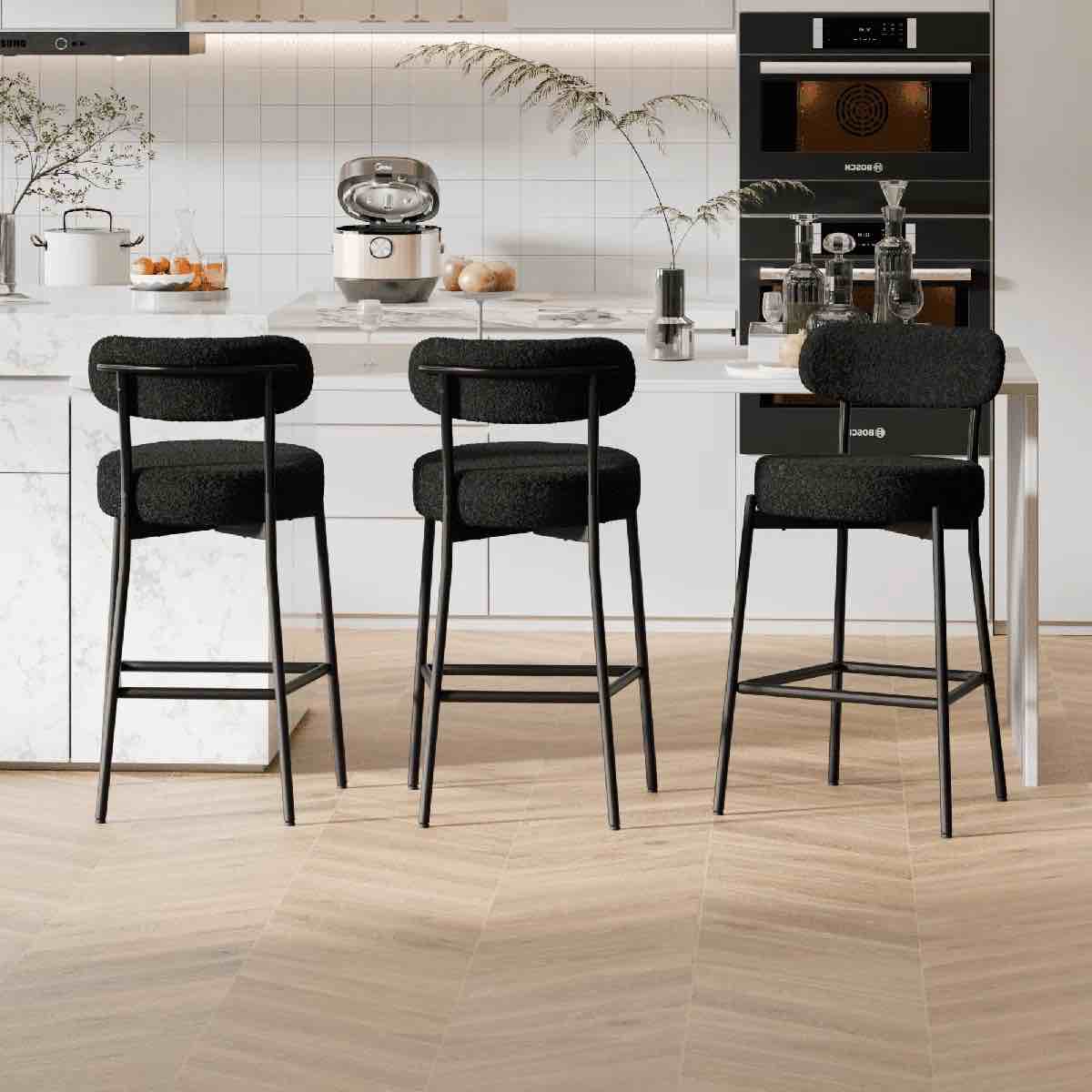 herpa Counter Height Bar Stools Set of 3 Modern Upholstered Barstools with Curved Open Back/Round Seat Boucle Comfortable Bar Chairs for Kitchen Island, 24.6 Inch (Set of 3)
