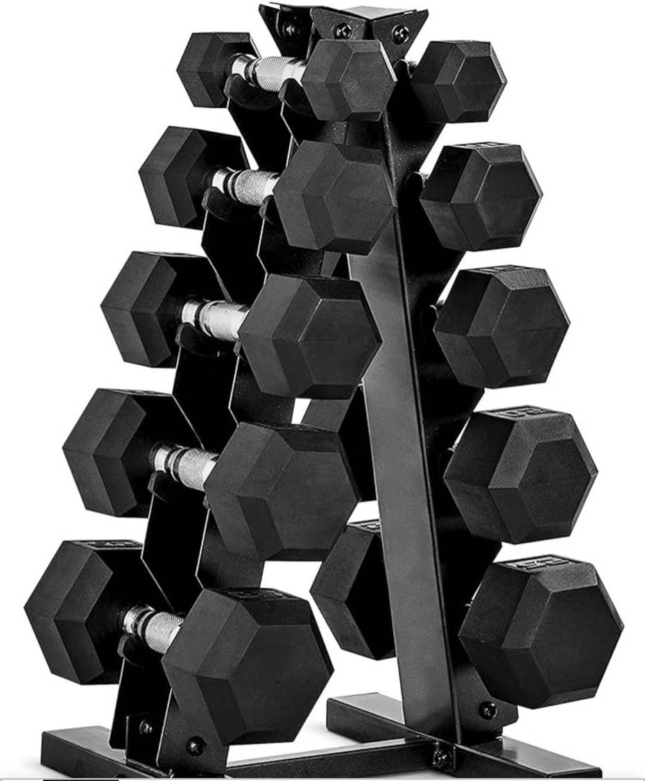 CAP Barbell Rubber Coated Dumbbell Weight Set with Vertical Rack | 100 lb, 150 lb, and 210 lb Options (4 box total 