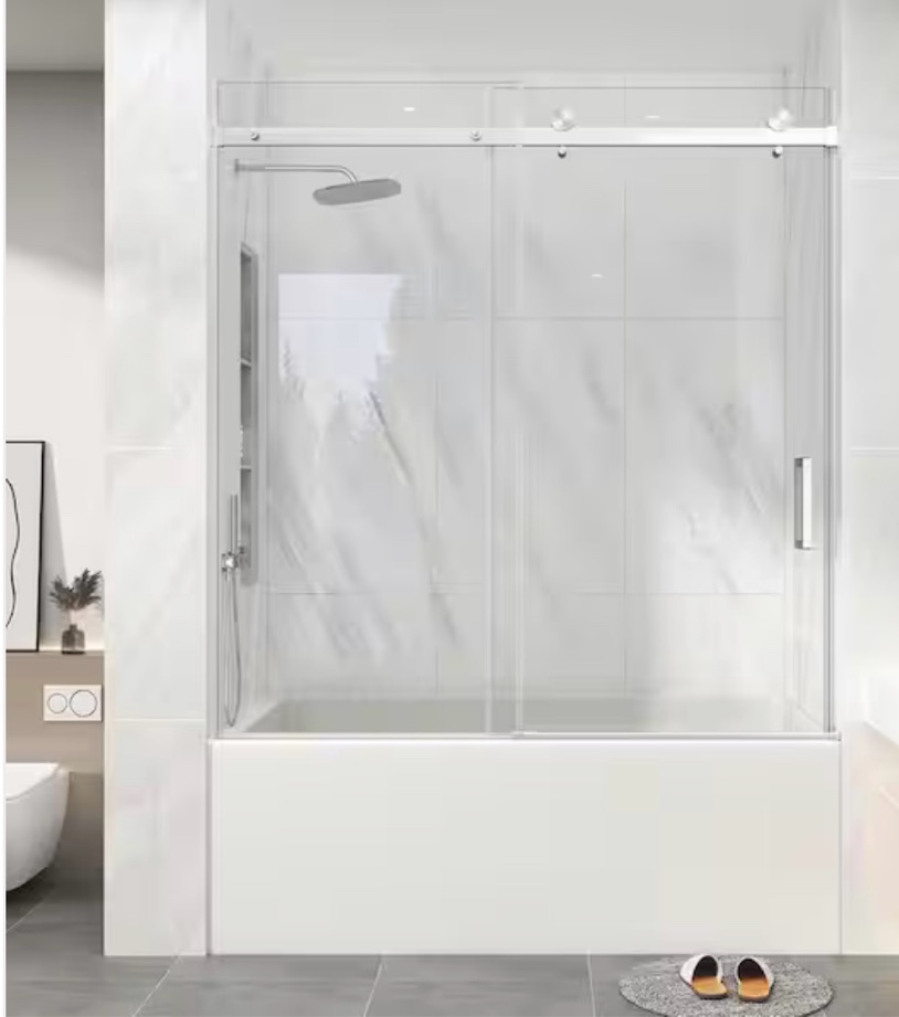 55-60 in. W x 60 in. H Sliding Tub Door in Brushed Nickel with Clear Tempered Glass