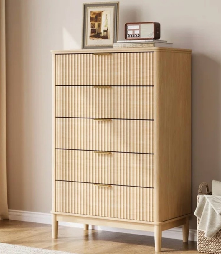 Linsy Home Fluted Tall Dressers for Bedroom, Chest of 5 Drawers, Oak