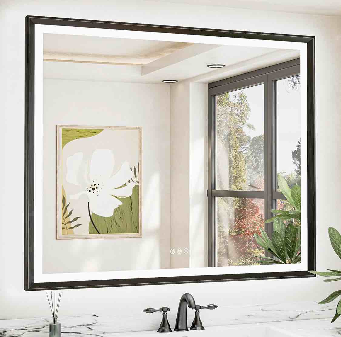 TETOTE 48x40 LED Bathroom Mirror with Lights Black Metal Frame Front & Back Light Vanity Mirror Baroque Antifog Stepless Dimmable White/Warm/Natural,CRI90+,Waterproof,Wall Mounted(Horizontal/Vertical)