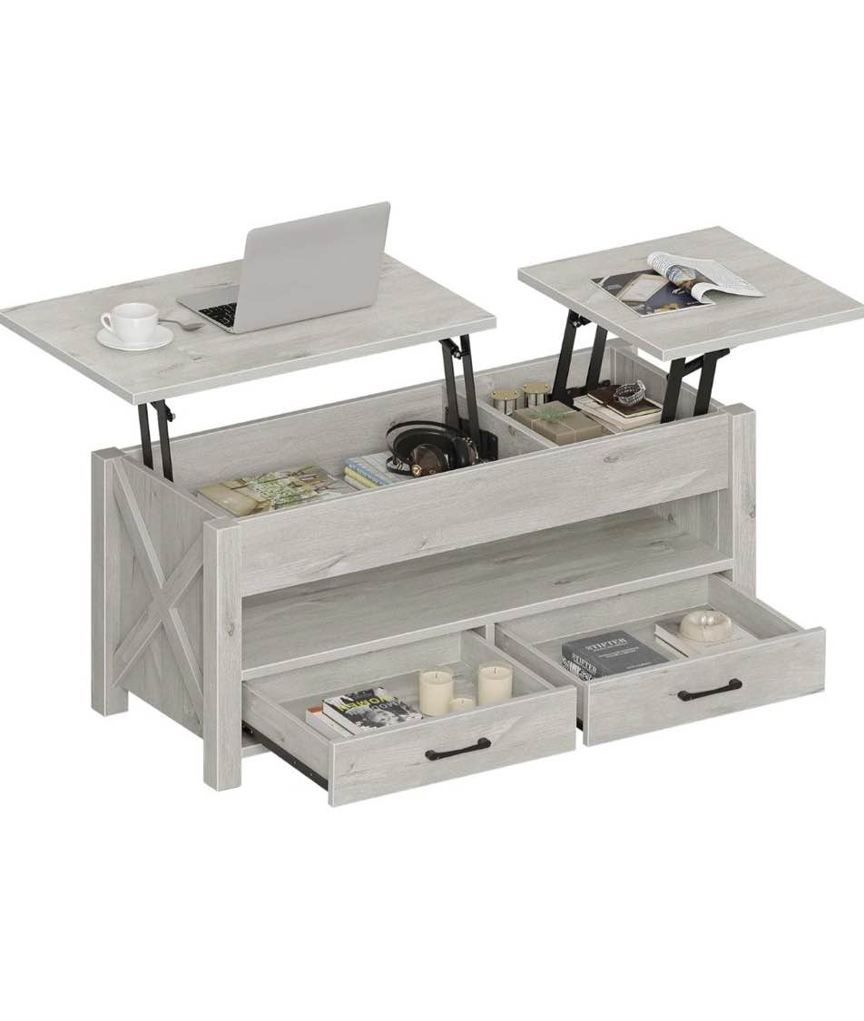 Seventable Coffee Table, 47.2" Lift Top Coffee Table with 2 Storage Drawers and Hidden Compartment, Retro Center Table with Wooden Lift Tabletop for Living Room, Gray