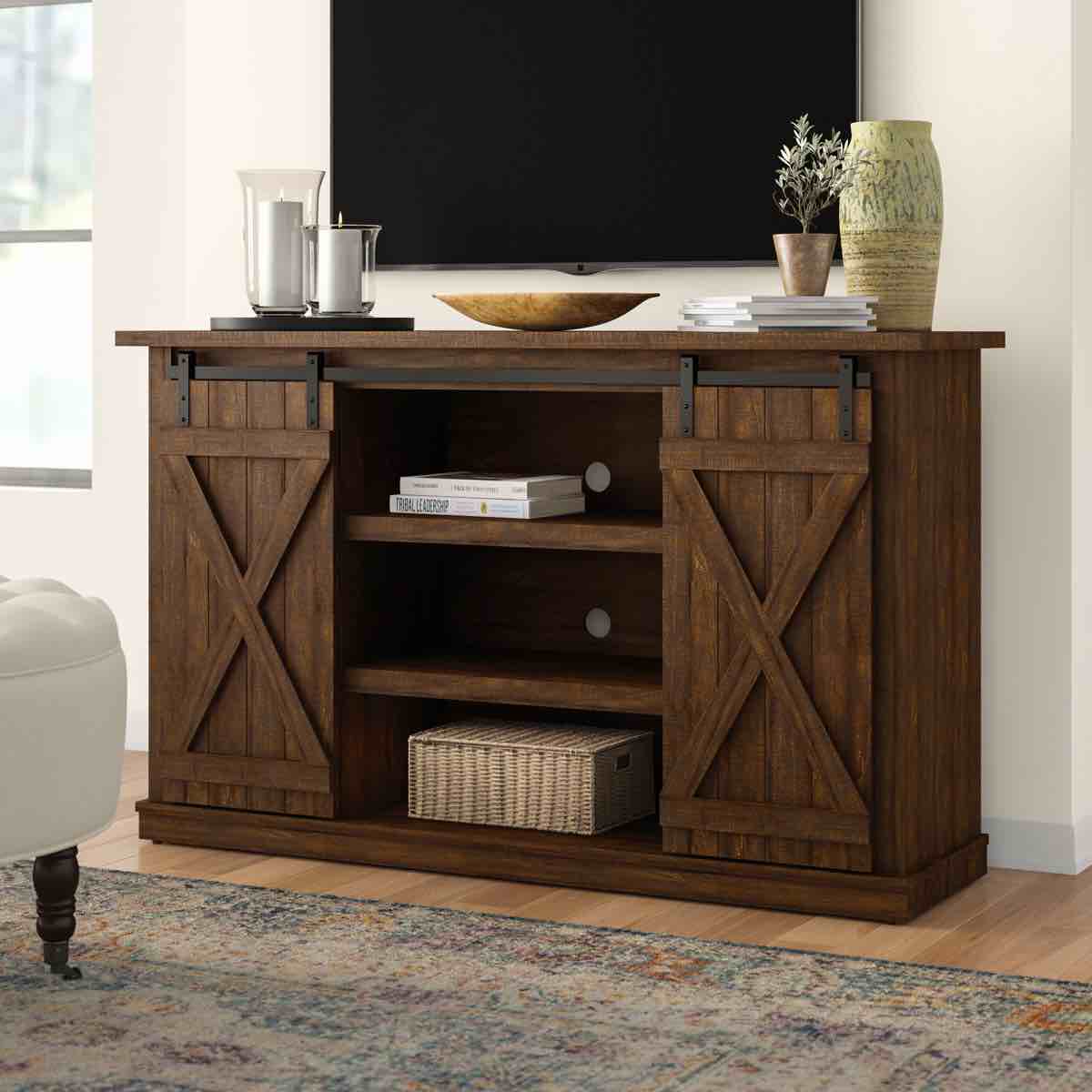 Twin Star Home - Cottonwood TV Stand for TVs up to 60 inches with Sliding Barn Doors - Saw Cut Espresso