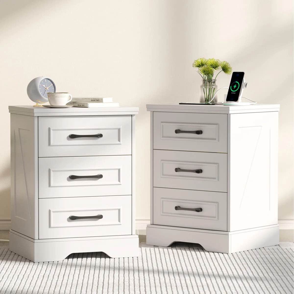 farmhouse nightstand with charging station, solid wood end table with 3 large drawers & bar handles