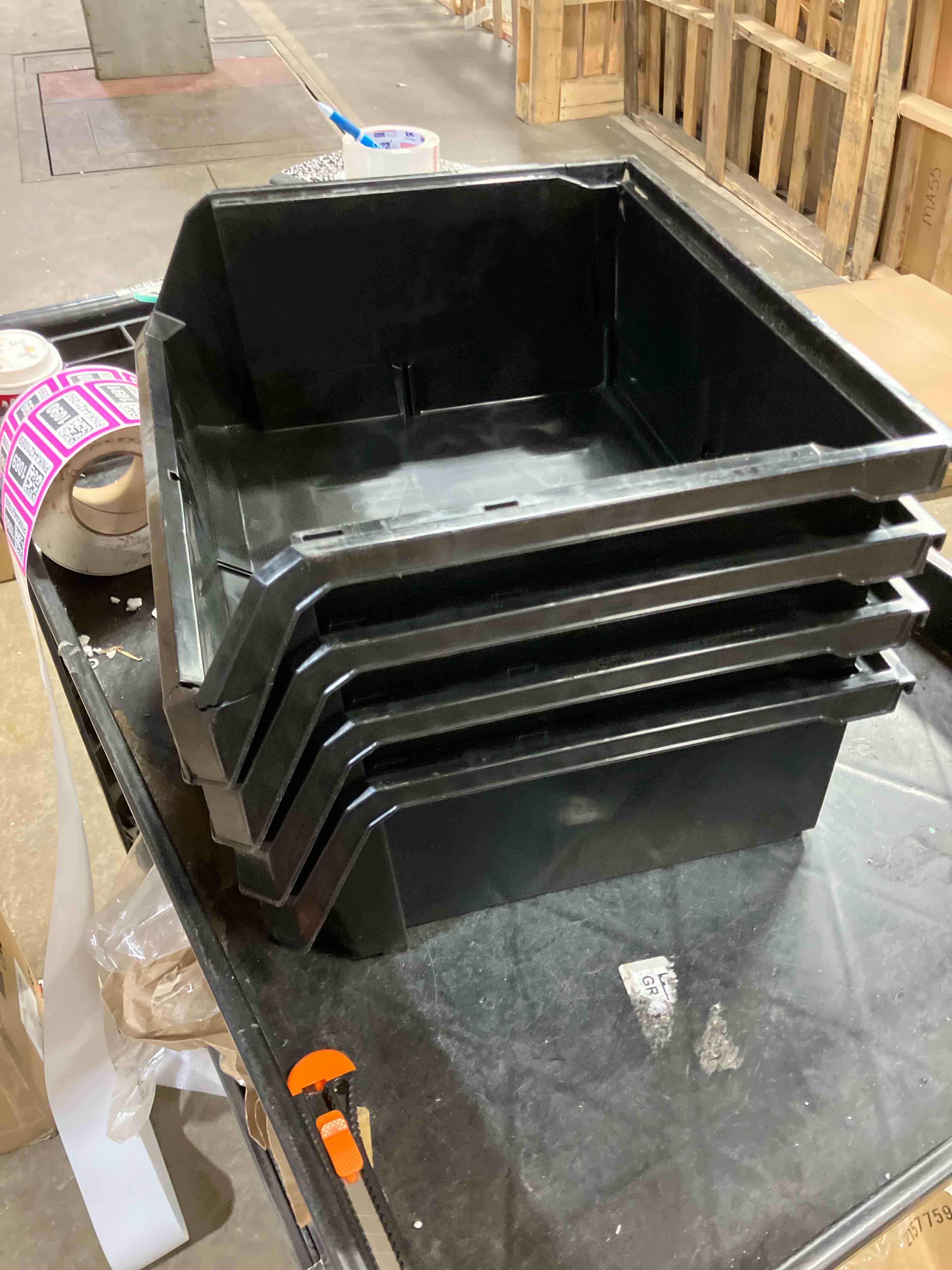 Condition photo showing As Is for Akro-Mils 30255 AkroBins Plastic Storage Bins, Space-Saving Stackable Bins for Garage, Pantry, Craft Organization, 11" x 16" x 5", Black, 6-Pack