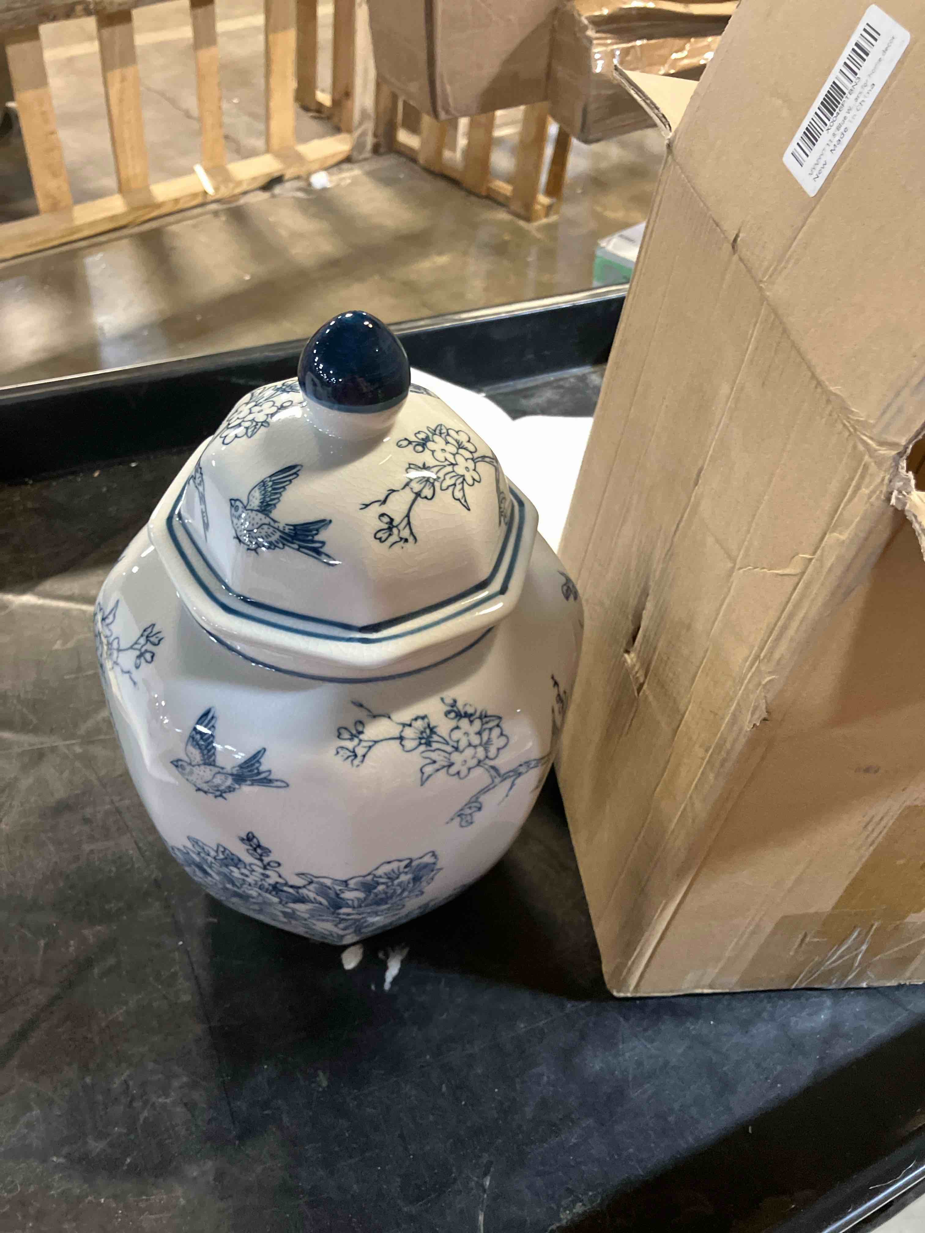 Condition photo showing New/Like New for 12 inches Ginger Jar Lid- Blue flowers bird Ceramic Decorative with Lid flower vase? Light grey chinoiserie gift large ginger jars for Home/Kitchen/Dining/living room/shelf