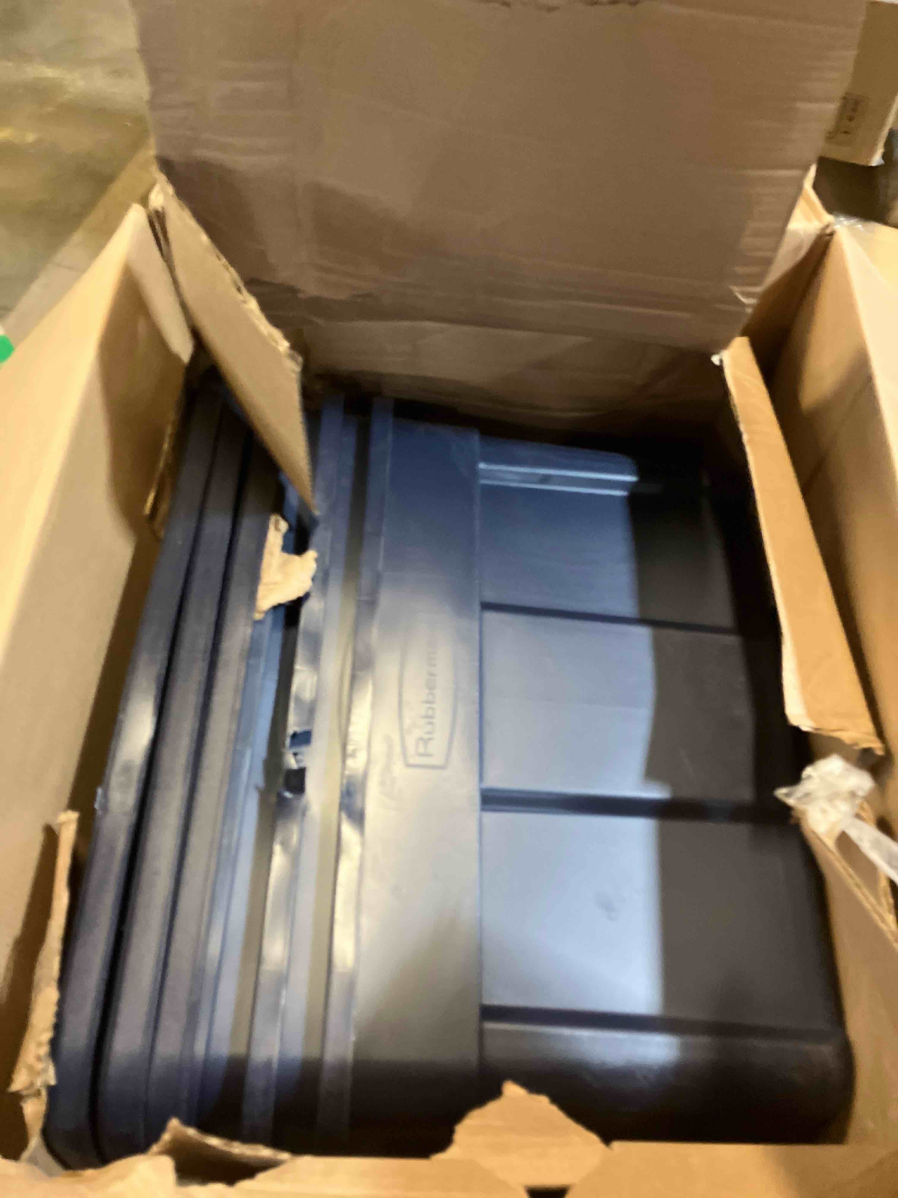 Condition photo showing Good Condition for Rubbermaid Roughneck Tote 14 Gal, 6 Pack, Made in USA, Dark Indigo Metallic, Rugged Plastic Stackable Storage Bins with Lids and Handles 14 Gal - 6 Pack