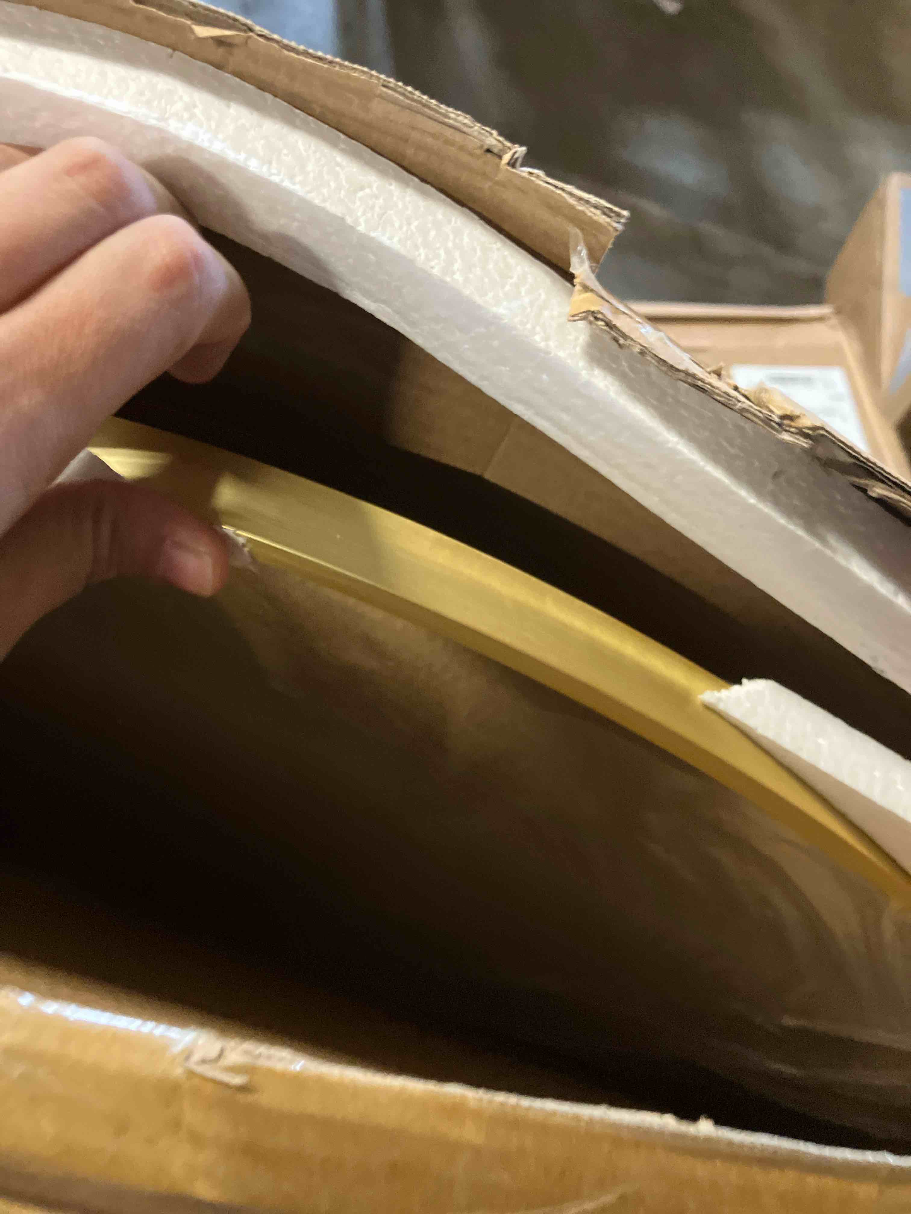 Condition photo showing New/Like New for Bathroom Mirror for Wall, 36''x24'', Gold Oval Mirror for Bedroom Entryway Bathroom, Metal Framed Vanity Mirror(36''x24'', Gold)