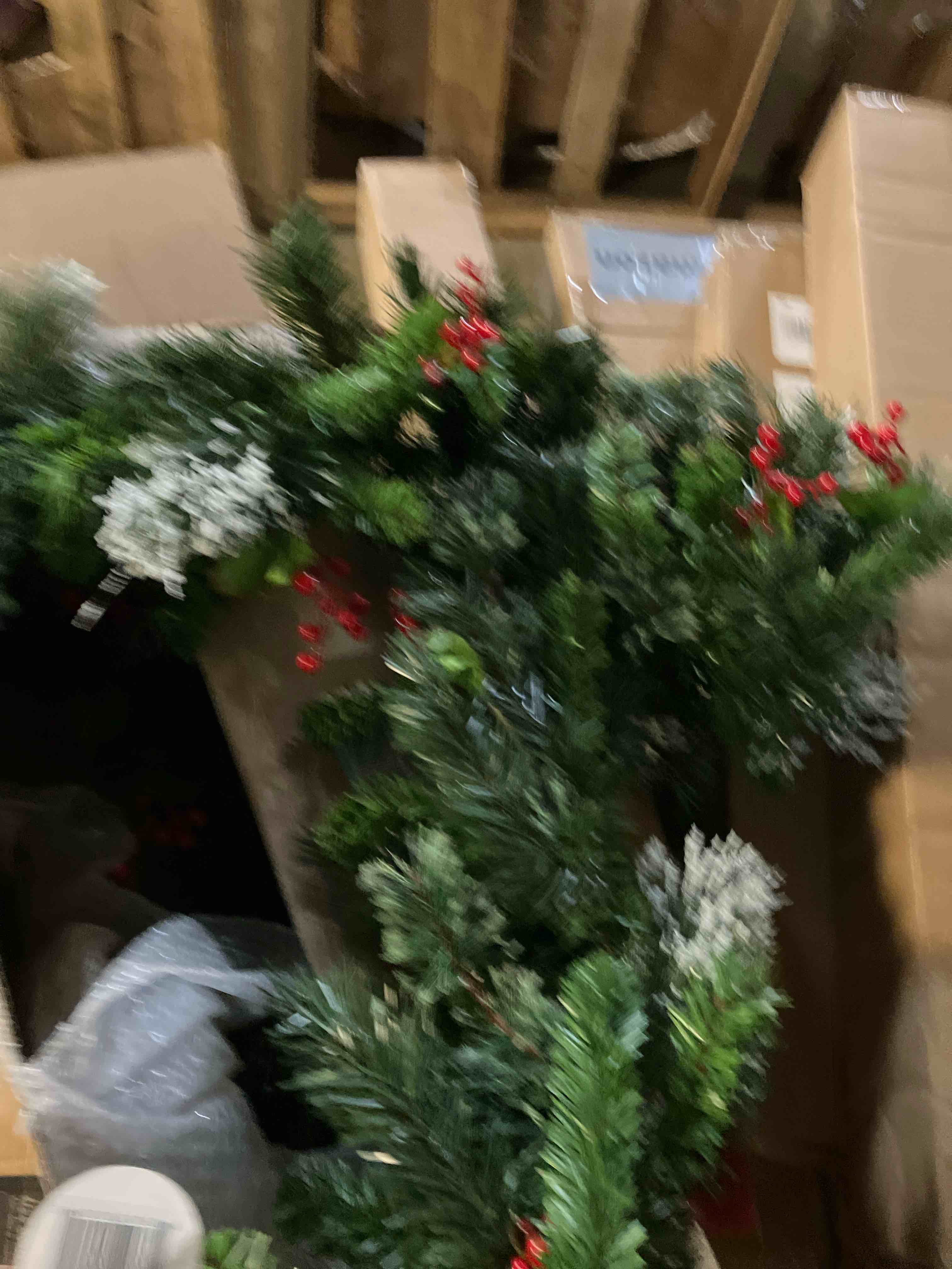 Condition photo showing New/Like New for National Tree Company 9 ft Pre-Lit Wintry Pine Flocked Artificial Christmas Garland, Christmas Decoration with Pinecones, Red Berries, 100 Clear Lights, 184 Tips, Green