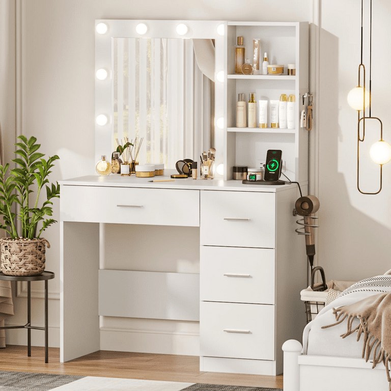 Makeup Vanity with Mirror and 3 Color Lights,Vanity Dressing Table with USB Charging Station,4 Drawers,Open Storage Shelves,White (Missing pieces)
