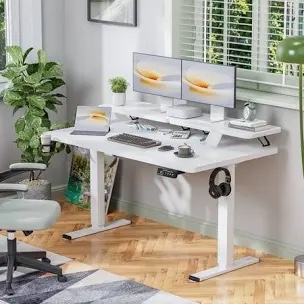 gaming standing desk with led light, 55 inch electric height adjustable table with power outlet & monitor stand, sit stand computer workstation for home, bedroom, white 