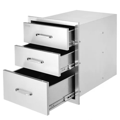 vevor 18x23 inch outdoor kitchen stainless steel triple access bbq drawers with chrome handle, 18 x23 x 23 inch