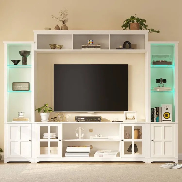 4 Piece Wall Unit Tv Stand With Bookshelf, Modern Tv Console Table With Led Lights (Incomplete box 1 missing box 2)