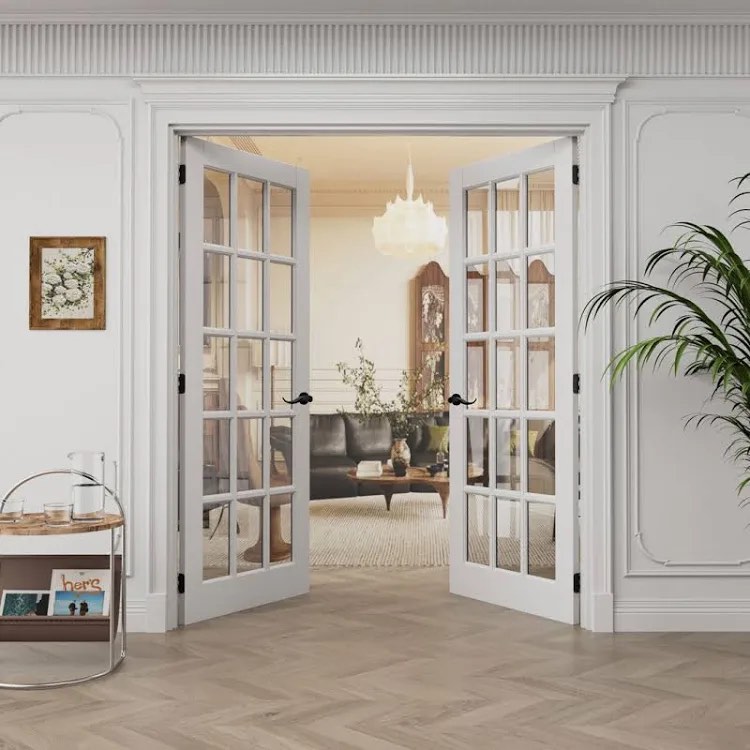 15-Lite Clear Glass French Doors Interior White Primed Solid Core Pantry Door With Jamb / Handles Win Stellar (Door slab) 