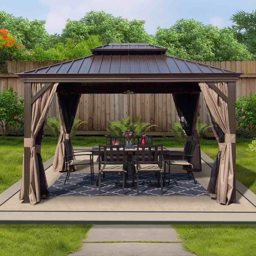 Kozyard Alexander 10' x 12' Hardtop Gazebo, Aluminum Frame with Galvanized Steel Double Roof, Outdoor Permanent Pavilion with Curtains and Netting for Patio, Backyard, Deck, Brown (Incomplete box 1/2)