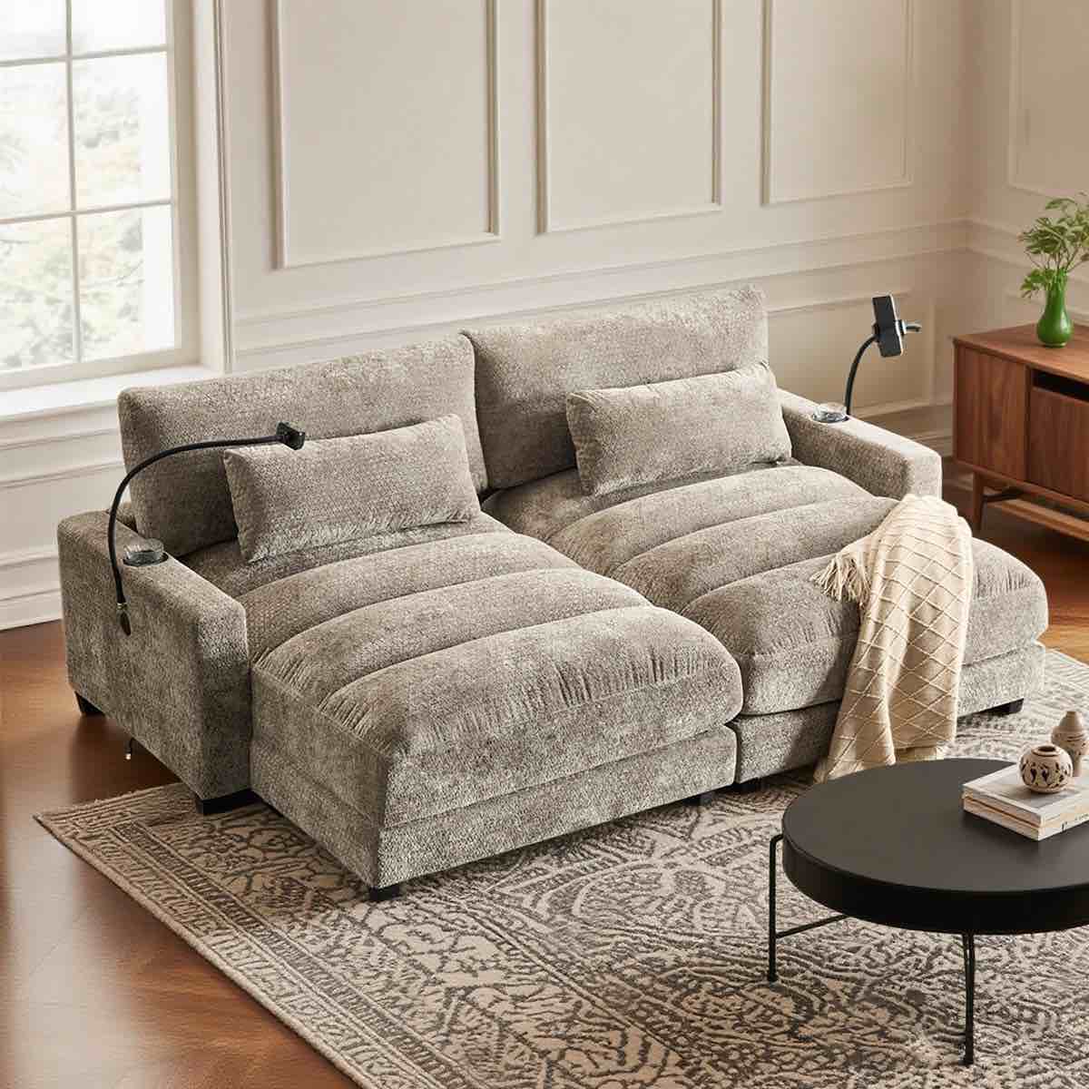 90" Oversized Double Chaise Lounge Sofa With Chenille Tufted Design, Cup Holders, Usb Ports & Sleeper Function(Beige color 2 boxes only)