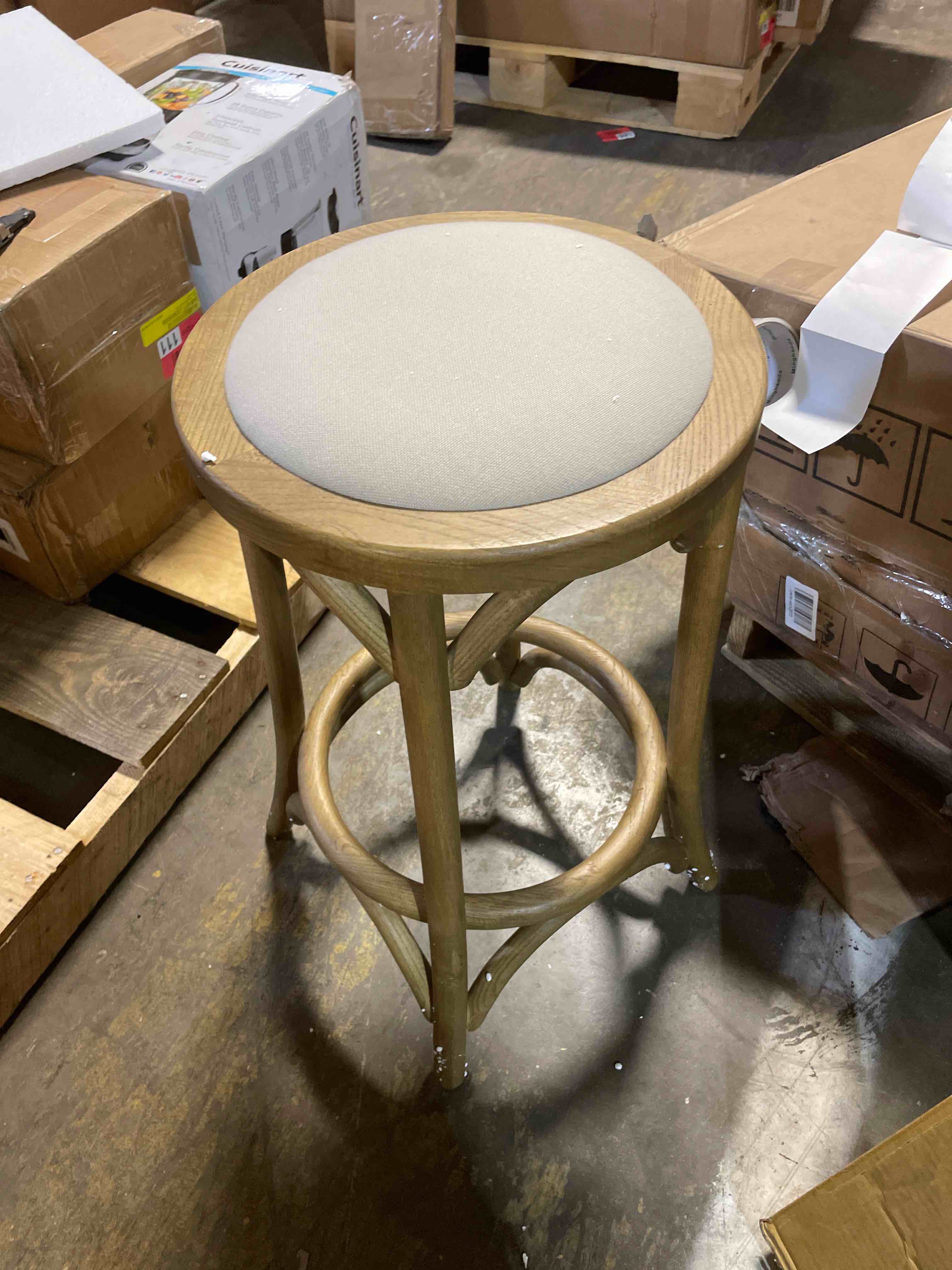 Condition photo showing New/Like New for mavery ivory wood backless counter stool or a fameg bent beech wood bar stool. 