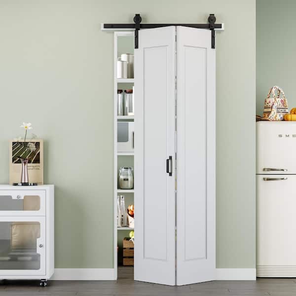 36 in. x 84 in. Easy Install 1-Panel Bi-Fold Barn Door White Primed MDF Sliding Barn Door with Hardware Kit for Bathroom