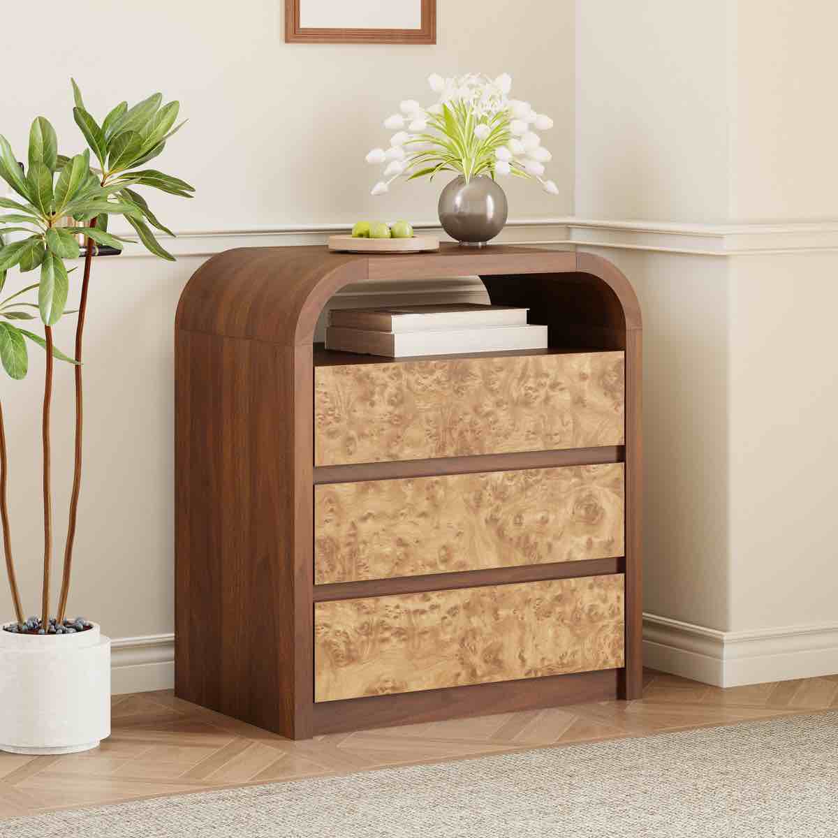 23.62'' W 3 - Drawer Burl Wood Arched Dresser