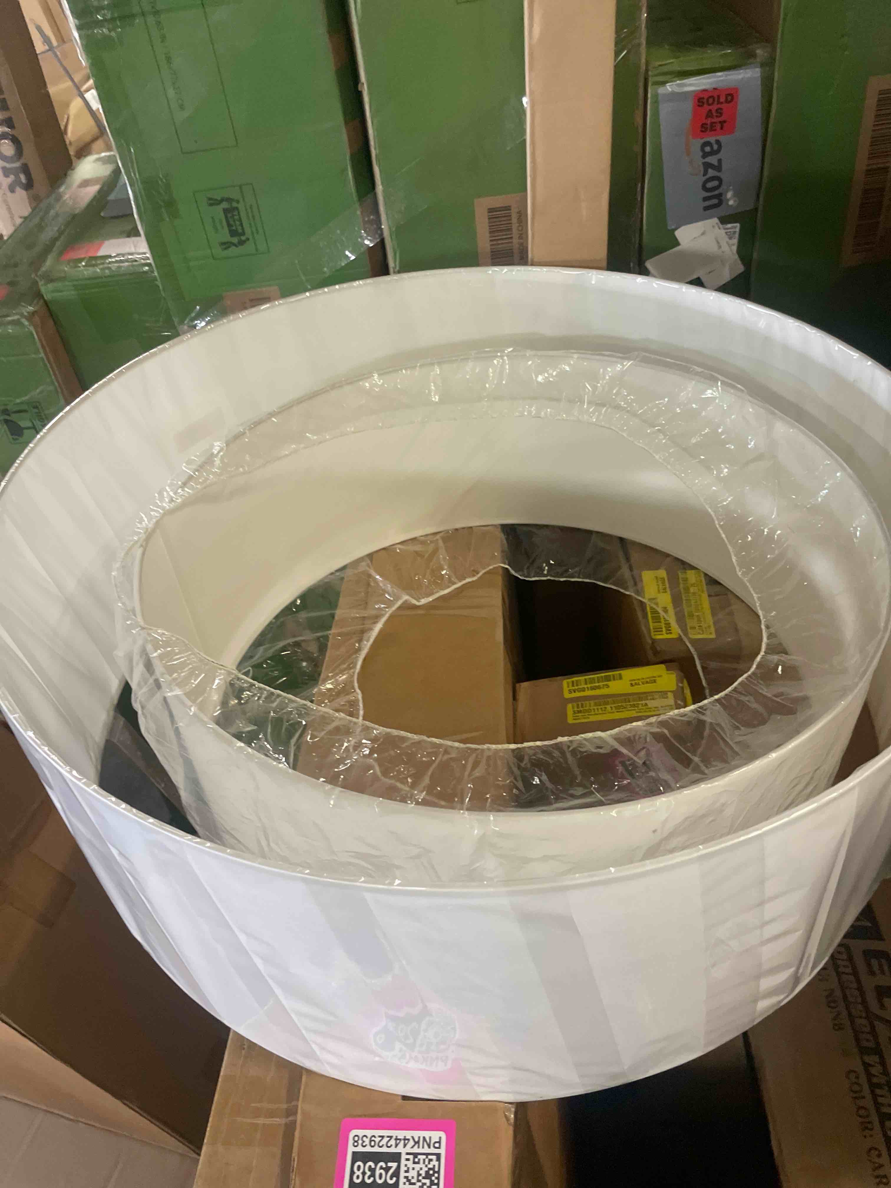 Condition photo showing As Is for lamqee 3-light modern drum chandelier, 2-tier semi-flush mount pendant light fixtures with fabric lampshades, 20” hang ceiling lamp for bedroom dining room hotel (lamp shades only)