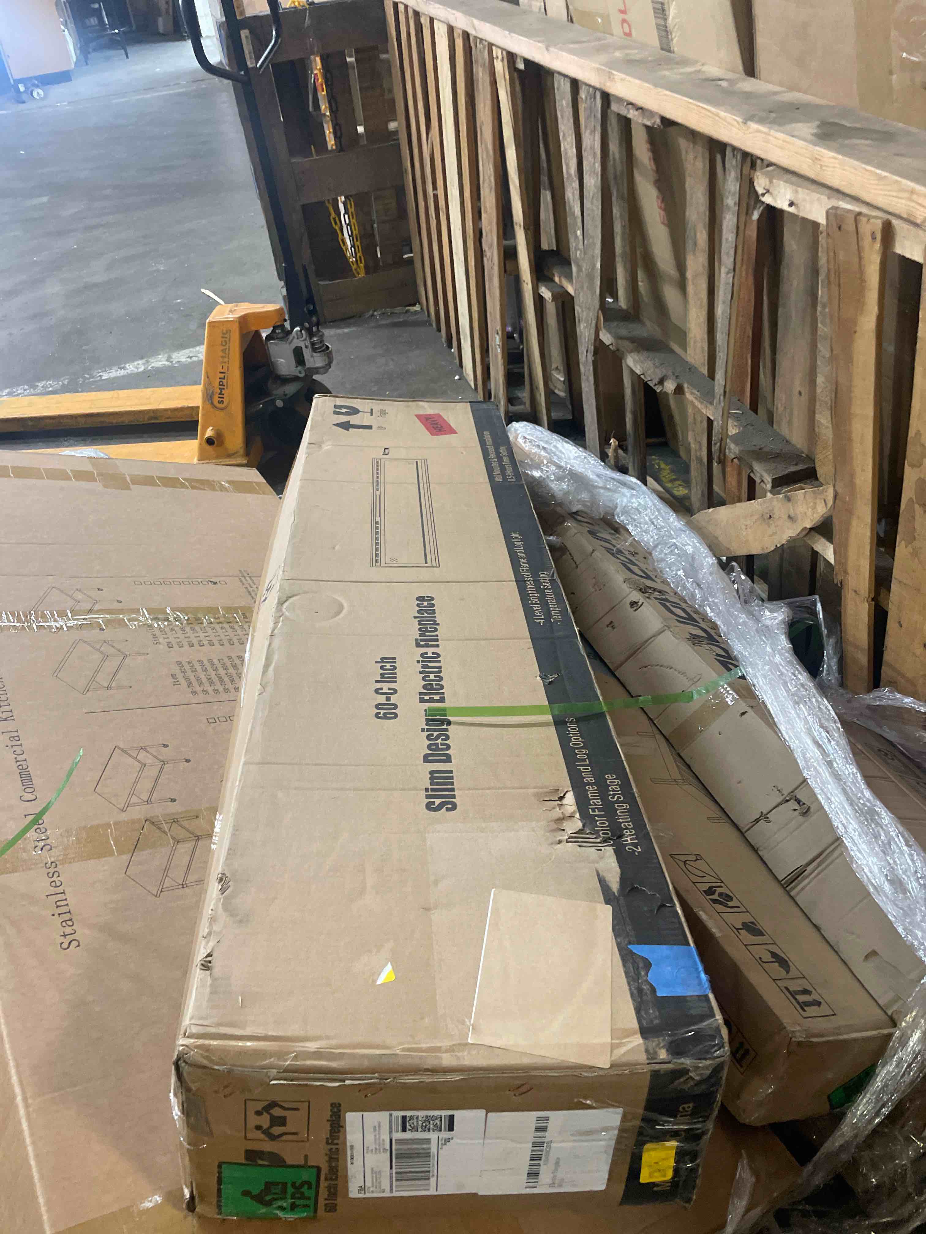 Condition photo showing New/Like New for 60 inch electric fireplace, 4.3" ultra-thin electric fireplace inserts, ultra-narrow frame, wall mounted and recessed fireplace, log & crystal, touch screen & remote control, 1500w