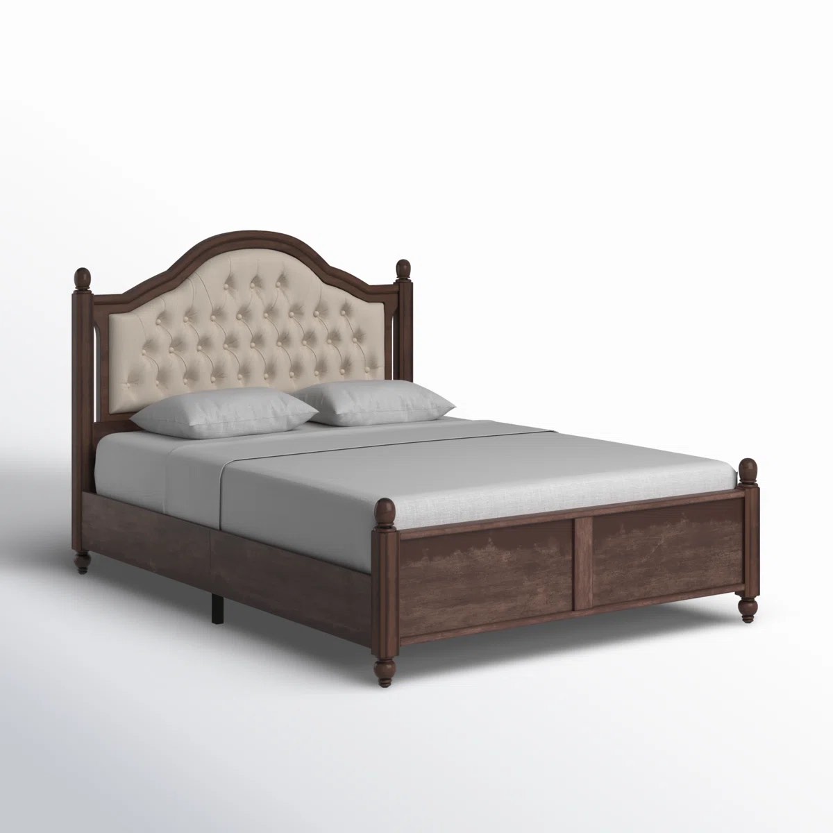Queen Solid Wood Platform Bed With Tufted Headboard & Wood Slat Support In A Walnut Finish, Headboard Has Soft Padded Linen Surface, Elegant Roman Column Accents, Compatible With Queen Mattress 10”-16” Thick, No Box Spring Required, EVA Mute Bar To Reduce Movement Noise, Overall Dimensions: 85.9"L x 62.8"W x 52.5"H, Side Wood Slats Have A Few Edge Knicks On Them(Pictured), One Wood Slat Support Ledger Is Broken On End(Pictured/Can Be Repaired), A Few Knicks On The Finish Of The Roman Columns(Pictured)