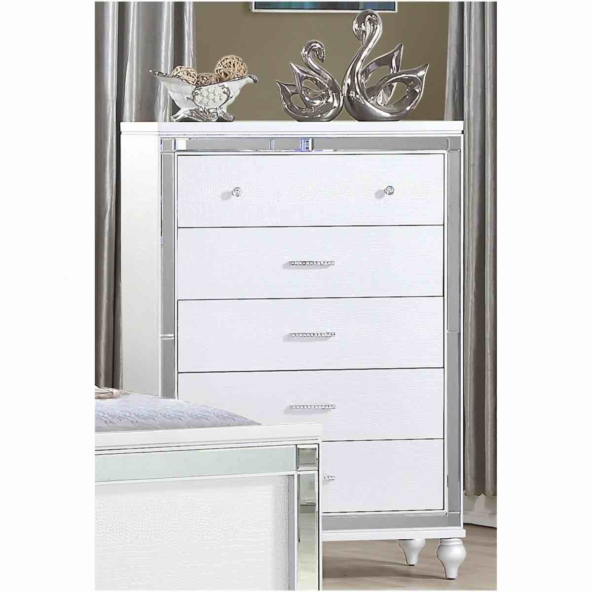 Sterling Mirror Framed Solid Wood 5-Drawer White Designer Chest and Bed Set (small hole on right side, Side Rails not Included with Bed Set) 52'' H X 17'' W X 37.5'' D/  53'' H X 63'' W X 85'' L