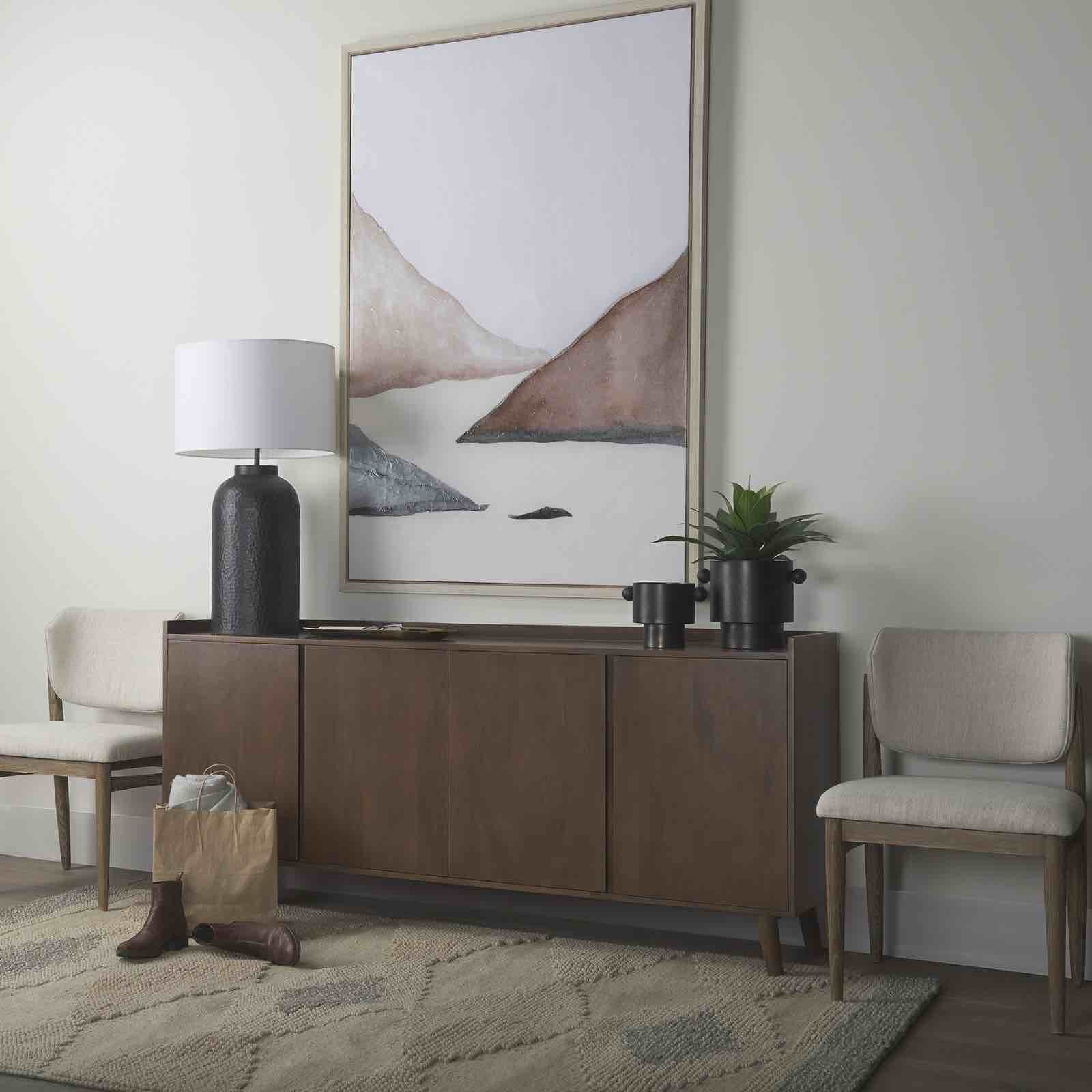 Lillie Medium Brown Solid Wood 4 Door Tray Top Sideboard. Small scratches on back, back left leg is cracked, can be fixed with wood glue and clamps. 16.00W x 70.75D x 32.00H