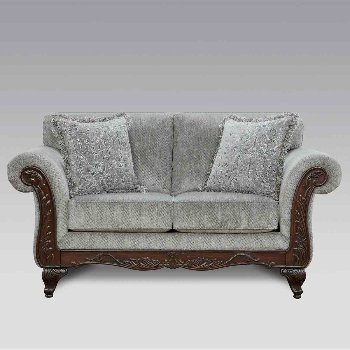 Condition photo showing Good Condition for halima solid carved wood frame loveseat (front right left is broken, upholstery on right side has small tear, all damage is pictured and fixable) 39'' h x 51'' w x 37'' d