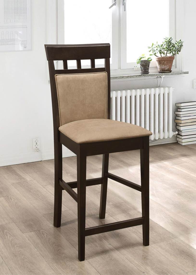 Gabriel 24inch Cappucino Finish Solid Wood Panel Back Counter Stools with Tan Vegan Leather Cushioning. 41.25 H x 17.25 W x 20.5 D