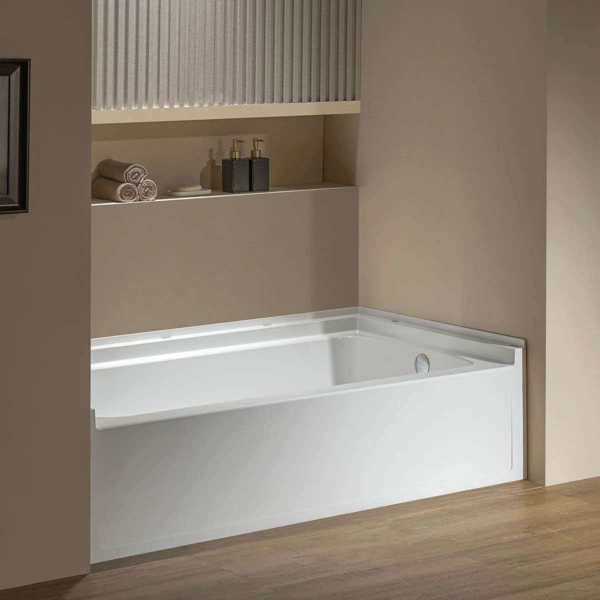 Condition photo showing New/Like New for woodbridge 60 x 32 composite rectangular 3-wall alcove tub with right side drain