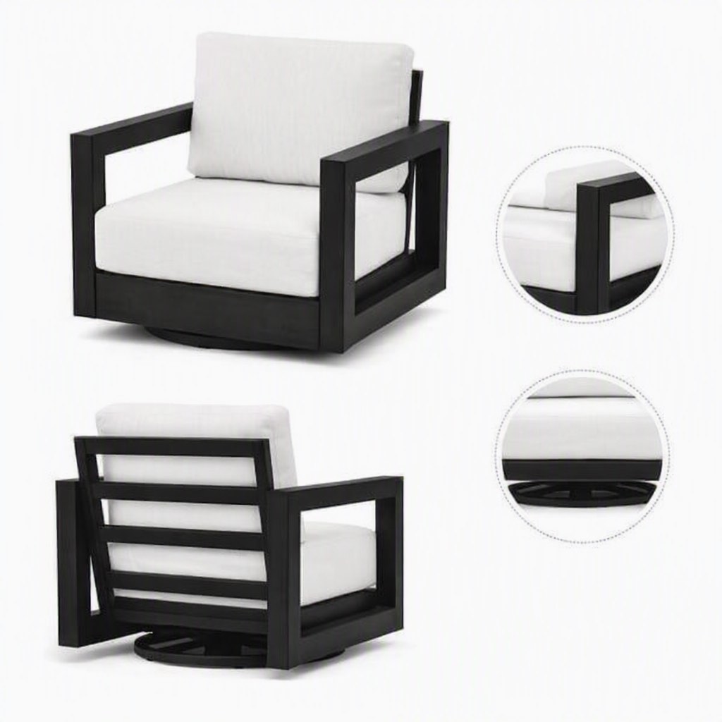 Condition photo showing New/Like New for black aluminum outdoor patio swivel lounge chair with white cushions