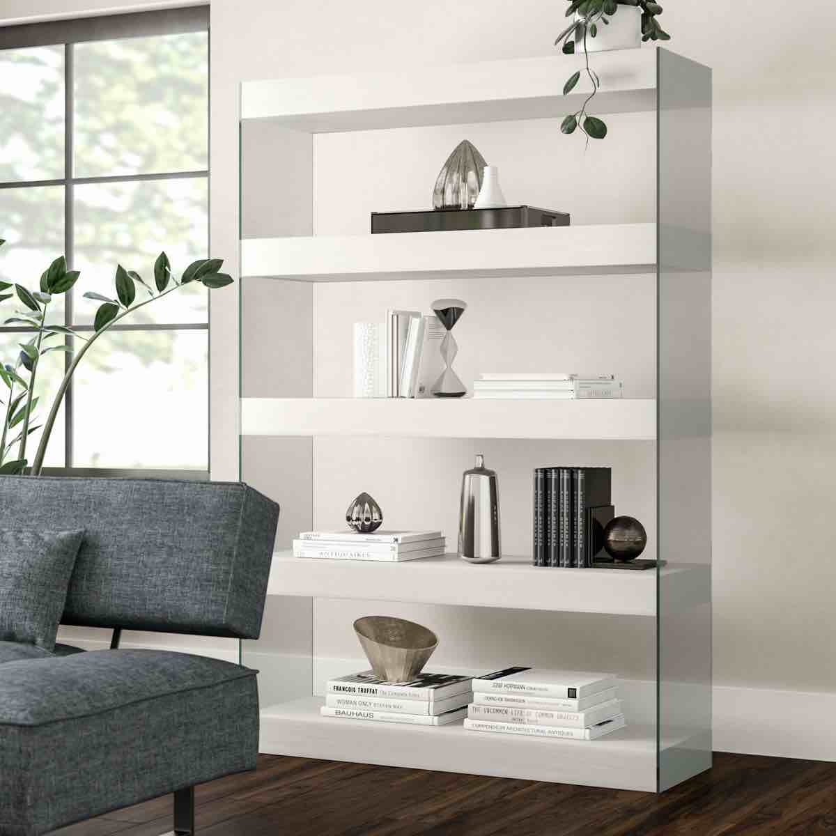 Condition photo showing New/Like New for 5 tier white high gloss cloud curio cabinet with clear acrylic siding.