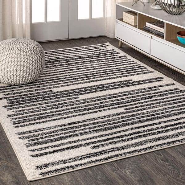 Condition photo showing New/Like New for jonathan y khalil modern berber stripe cream/black indoor area rug, 12x18, contemporary, bohemian