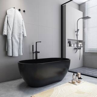 Condition photo showing New/Like New for 59in x 29. 5in stone resin flatbottom solid surface matte black freestanding soaking bathtub with center drain